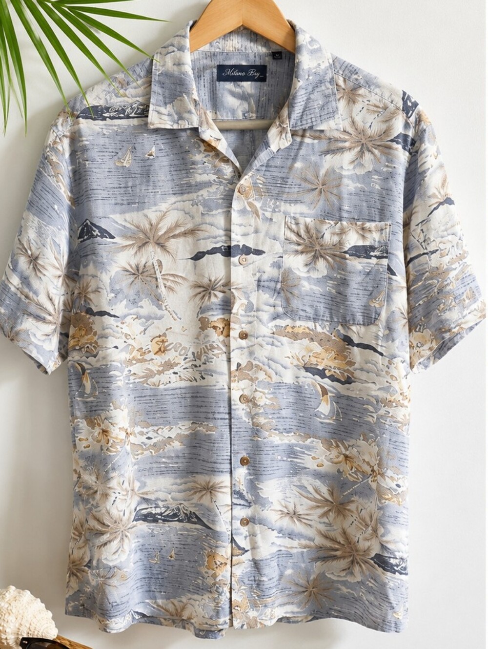 Milano Bay Hawaiian Shirt Small Tropical Beach Palm Tree Aloha Camp Shirt